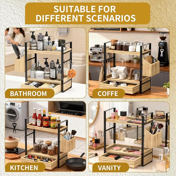 2-Tired Bathroom Counter Organizers and Storage, Bathroom Countertop Organizer with Drawer, Solid Wood Skincare Perfume Organizer for Vanity Kitchen Corner Shelf Office Countertop (Light Brown)