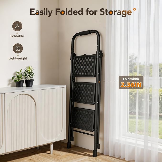 HBTower 3 Step Ladder, Heavy Duty Step Stools for Adults, Safe-Lock Design & Handrail, Step Stool Foldable with Anti-Slip Pedal and Feet, Ladders for Home Kitchen Garage Outdoor, 330 Lbs, Black