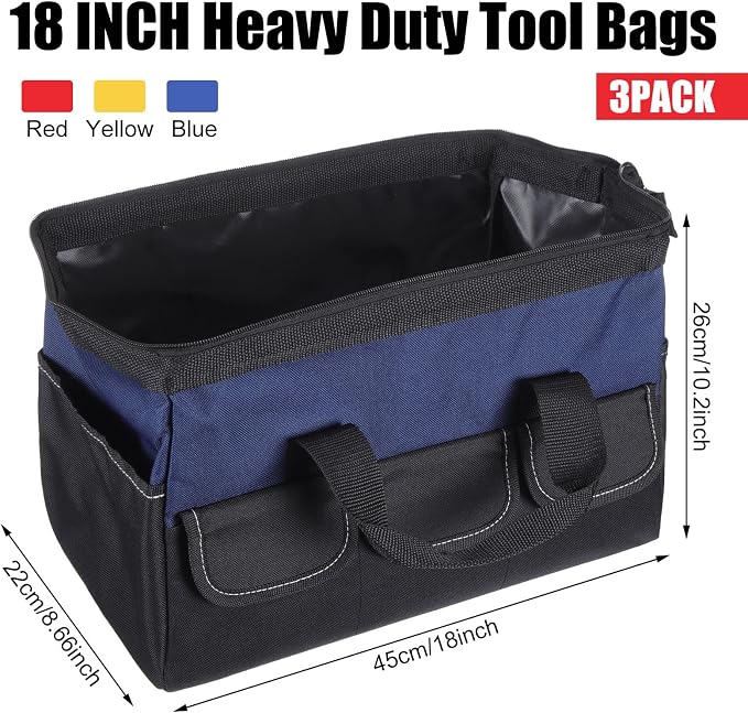 Sanwuta 3 Pack Tool Bag for Men with Waterproof Hard Bottom, Heavy Duty Tool Bag Wide Mouth Tote for Various Instrument, Electrician Carpenter Mechanic(Blue, Red, Yellow,18 Inch,Side Pockets)