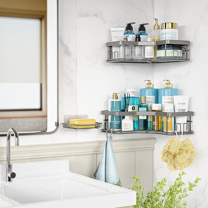 MAXIFFE 3 Pack Corner Shower Caddy with Soap Holder, Large Capacity Sturdy Easy Install No Drilling Stainless Steel Hold 40 LBS Shower Organizer Shelves Rack Storage for Family Renters Bathroom, Grey