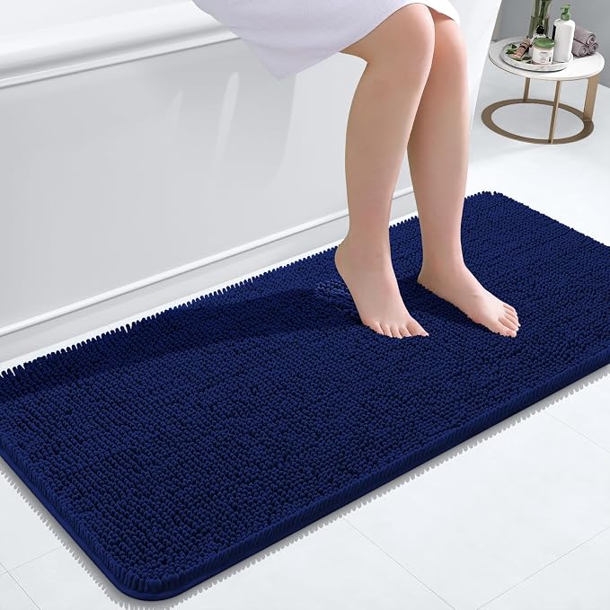 OLANLY Bathroom Runner Rugs 47x20, Extra Soft Absorbent Chenille Bath Rugs, Rubber Backing Quick Dry, Machine Washable Long Bath Mats for Bathroom Floor, Tub and Shower, Home Decor Accessories, Navy