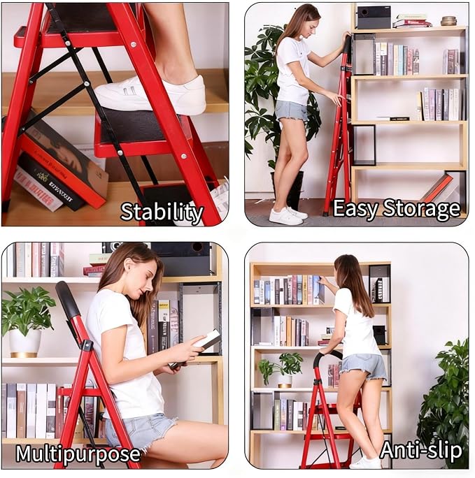 4 Step Folding Ladder, Portable and Compact, Anti-Slip Multi-Use Household Step Ladder for Home, Kitchen, Office, and Garage – Easy Storage, Sturdy and Durable