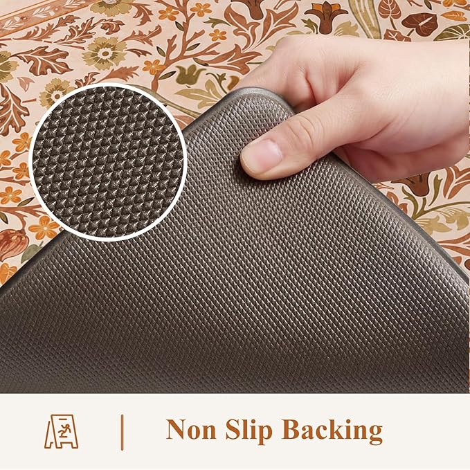 Collive Fall Orange Floral Kitchen Mats, Cushioned Anti Fatigue Kitchens Rugs Set of 2 Non Slip Desk Mats, Waterproof Sink Mat Comfort Standing Rug for Home Office Decoration