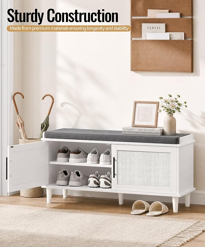 Akxomel Rattan Shoe Storage Bench with Cushion, 2-Tier Entryway Bench with Adjustable Shelves and 2 Doors, 15" D x 39.4" W x 20" H, Solid Wood Legs, for Hallway, Living Room, Bedroom, White