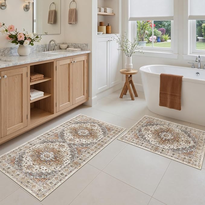 Madane 2-Piece Kitchen Runner Rug Set, Small Area Rug Non-Slip Vintage Door Mat Indoor Entrance, Low Pile Floor Carpet for Inside Front Door Bedroom Entryway Entry Laundry (2x3+2x4, Turmeric/Grey)
