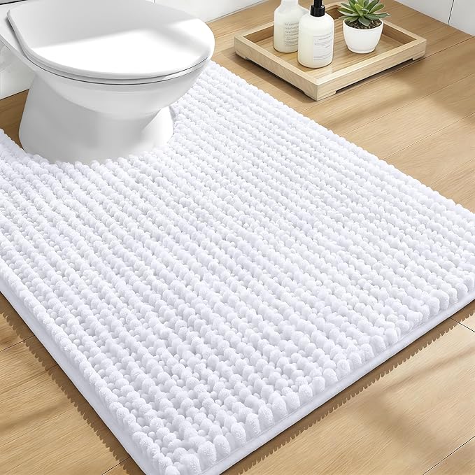 OLANLY Thick Toilet Rugs U-Shaped 24x20, Extra Soft Absorbent Shaggy Chenille Contour Bathroom Rugs for Toilet, Dry Quickly, Machine Washable, Non-Slip Bath Mat, White