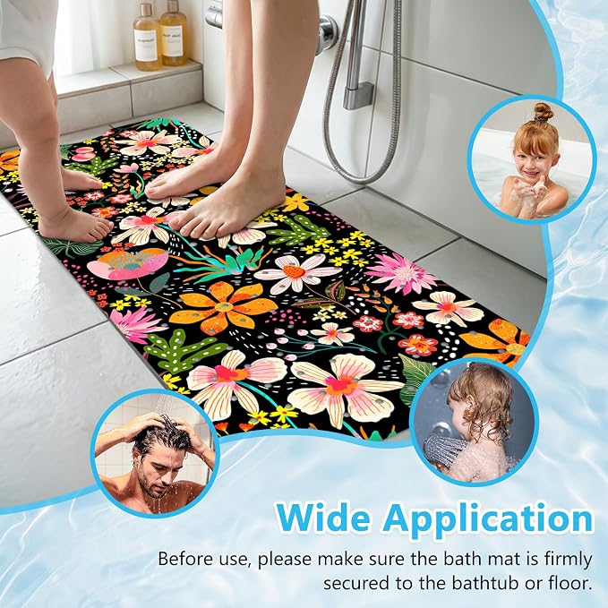 Bath Mat for Tub Non Slip, Floral Aesthetic Bathtub Mats for Girls Non Slip Shower Mat， Machine Washable 40"x16" Flower Tub Mats with Suction Cups and Drain Holes for Women Tropical Bathroom Decor