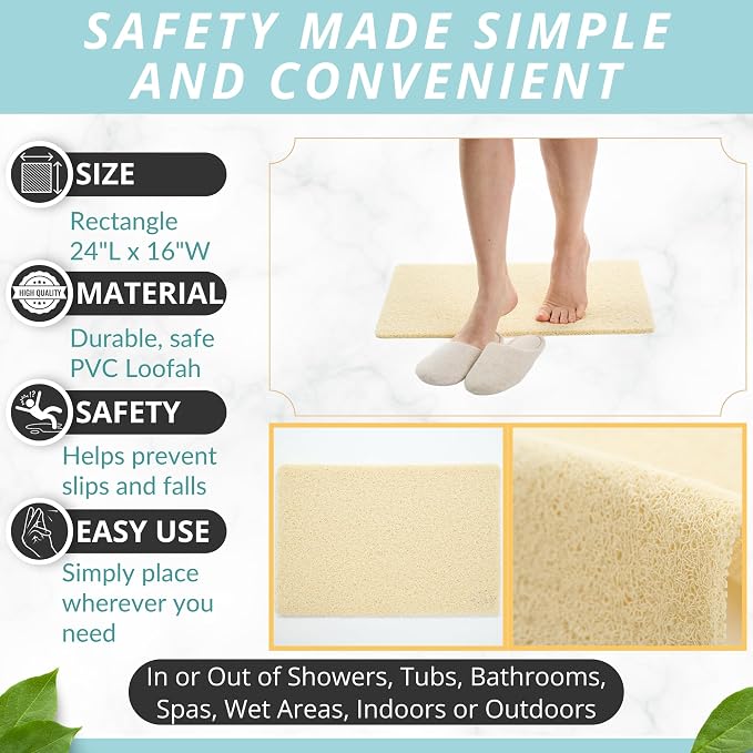 ENKOSI Loofah Non-Slip Shower and Bath Mat - Soft Cushioned Comfort - No Suction Cups for Smooth or Textured Tubs - Fast Draining - Safety for Bathroom, Family, and Elderly (24x16 Light Beige)
