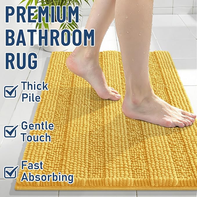 Grandaily Chenille Striped Bathroom Rugs 47x24, Extra Thick and Soft Absorbent Bath Mats, Rubber Backing, Plush Shaggy Shower Carpet, Machine Wash Dry, Bath Rug for Bathroom, Light Yellow