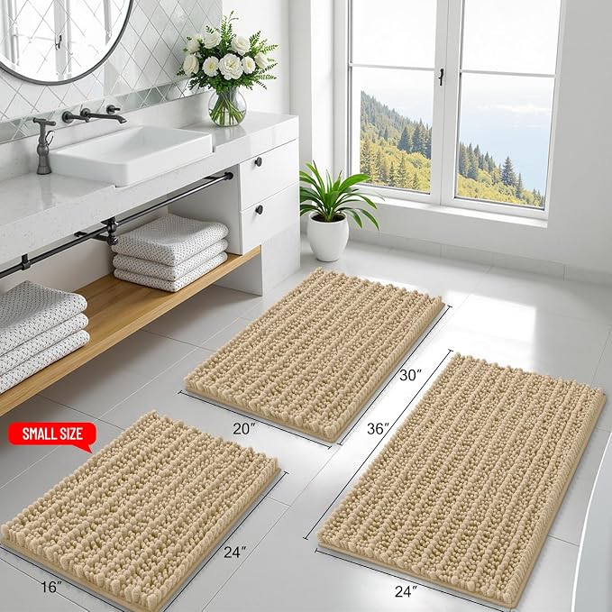 Smiry Bathroom Rugs Mat 47x24, Extra Soft Absorbent Chenille Bath Rugs, Non Slip Rubber Backing Machine Washable Quick Dry Bath Mats for Bathroom Floor, Tub, Shower, Home Decor Accessories, Beige