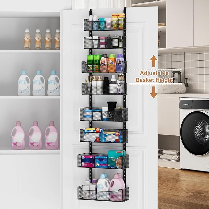 VyGrow Over The Door Organizer, 8-tier Metal Door Organizer Hanging with Adjustable Baskets, Behind The Door Storage for Bedroom Closet Bathroom Pantry Cabinet Kitchen, Black