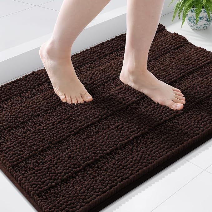 Grandaily Chenille Striped Bathroom Rugs 36x24, Extra Thick and Soft Absorbent Bath Mats, Rubber Backing, Plush Shaggy Shower Carpet, Machine Wash Dry, Bath Rug for Bathroom, Dark Brown