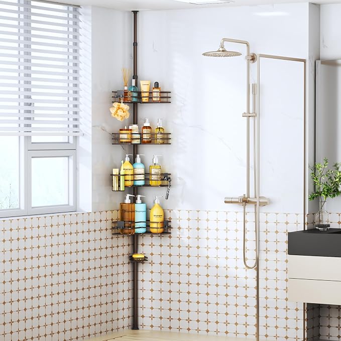 HapiRm Corner Shower Caddy Organizer - Shower Organizer Corner with Soap Holder, Toothbrush Holder and 4 Hooks, Rustproof Bathroom Shelf Tension Pole Available for 27.6 to 108.3 Inch - Bronze