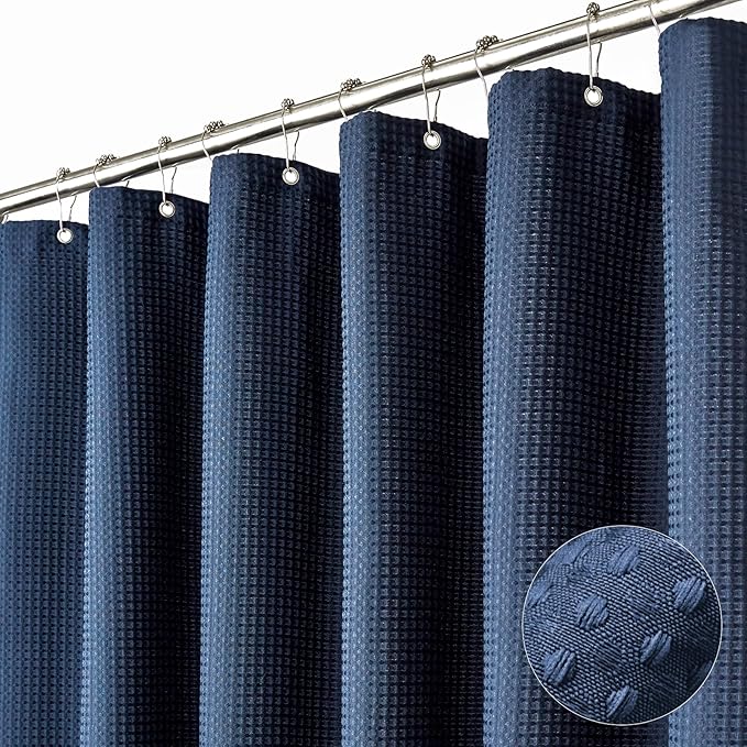 Dynamene Extra Wide Shower Curtain - 180 Inch Wide Waffle Weighted Thick Cloth Bathroom Shower Curtain, Neutral Heavy Duty Hotel Shower Curtain Set with 32 Plastic Hooks,180x72, Navy Blue