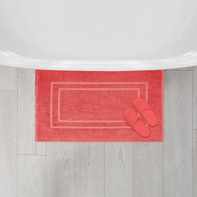 Feather & Stitch 2 Piece Towel Like Bath Mats (30x21 Inch) 100% Cotton Terry Bath Mat, Bathroom Shower Floor Mat [NOT A Bathroom Rug], Soft Absorbent Washable Mats - Coral