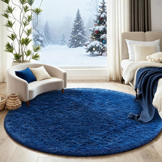 Ophanie Round Rug 5Ft Blue Circle Area Rug, Boys Room Decor, Fluffy Fuzzy Bedroom Carpet, Plush Soft Shaggy Living Room Rugs for Kids Home Aesthetic, Nursery
