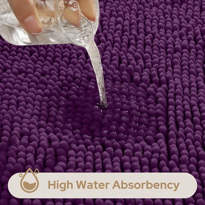HOMEIDEAS 3 Pieces Bathroom Rugs, Ultra Soft Non Slip Absorbent Chenille Toilet Bath Mat Set (Purple)