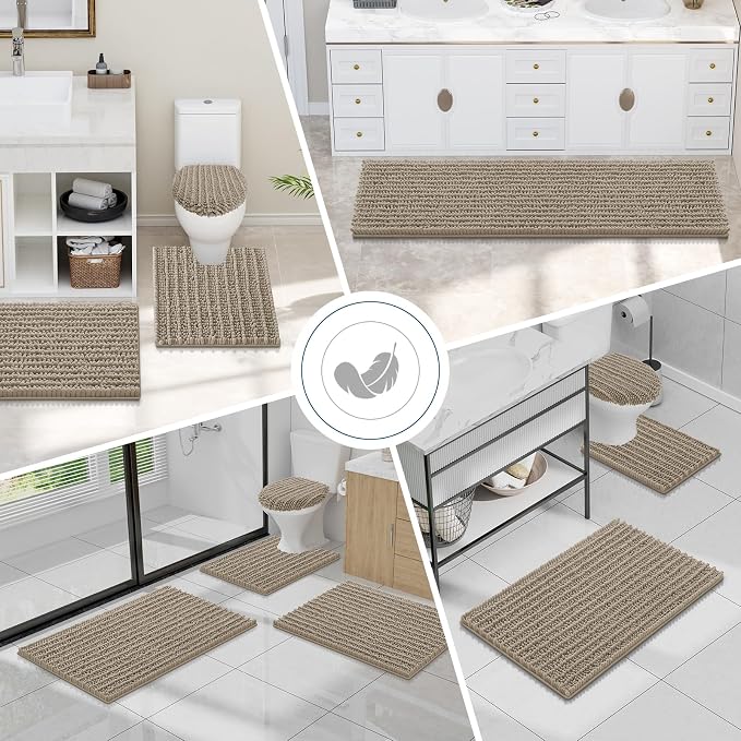 Smiry Bathroom Toilet Rugs U Shaped 24x20, Extra Soft Absorbent Non Slip Rubber Backing Chenille Contour Bath Rugs for Toilet, Machine Washable Contoured Bath Mats, Latte