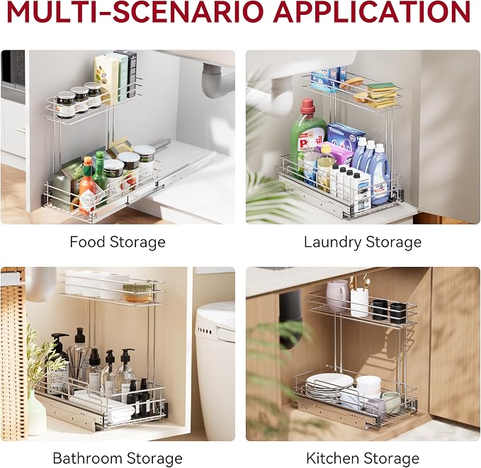 Under Sink Organizer 9" W X17 D, Pull Out Cabinet Organizer 2 Tier, Under Sink Slide Out Chrome Plated, Under Kitchen Bathroom Organizer, Pantry Cabinet Closet Organization Rack, 1 Pack