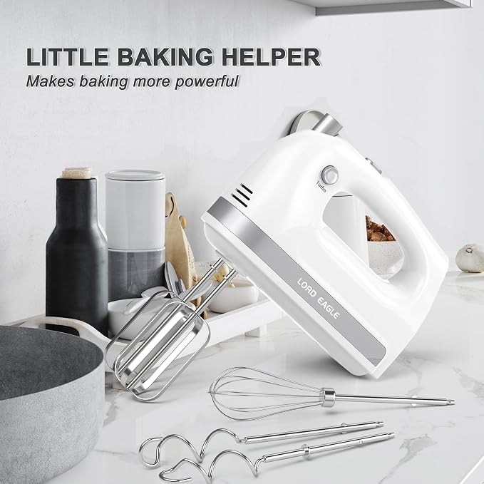 Lord Eagle Hand Mixer Electric Handheld 400W, 5-Speed Lightweight Kitchen Mixer with Stain-resistant & Waterproof Storage Bag, 5 Stainless Steel Attachments for Baking Cake Egg Cream Food Beater