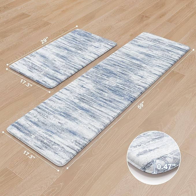 KIMODE Kitchen Mats for Floor, Abstract Kitchen Rugs Sets of 2, Anti Fatigue Mats for Kitchen Floor, Cushioned Comfort Kitchen Floor Mats for Sink Laundry Desk Multi-Blue 17"x59"+17"x29"