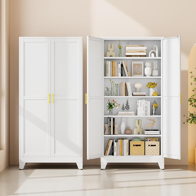 75" White Tall Metal Garage Storage Cabinet with 2 Doors and 5 Adjustable Shelves,Kitchen Pantry Cabinet,File Cabinet,Steel Tool Cabinet for Home,Office,Garage,School,Warehouse