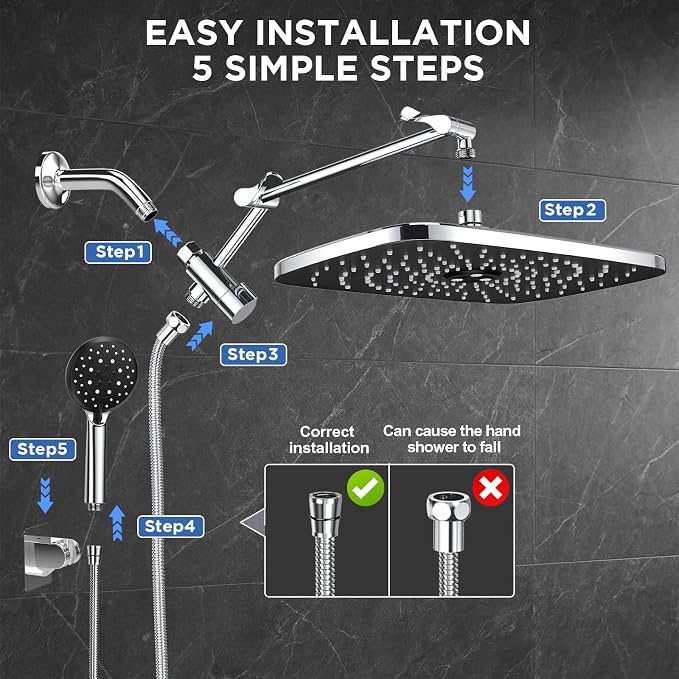 Veken 14" Wide Rain Shower Head with Handheld, High Pressure Handheld Shower with Multi Spray Modes, Rainfall Combo with 15" Metal Extension Arm, Detachable Dual Shower, Bathroom Decor, Chrome Silver