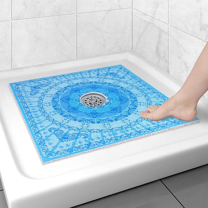 Square Shower Mat Non Slip: 24x24 Inch Shower Floor Mat with Drain Hole in Middle, Super Soft and Comfortable PVC Loofah Massage Bath Mat for Shower, Anti Slip Shower Stall Mat, Quick Drying