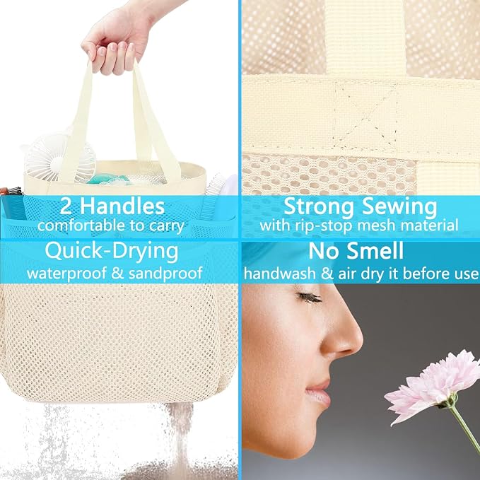 Fammart Mesh Shower Caddy Portable for College Dorm Room Essentials, Odorless Polyester Large Shower Tote Bag with Dual Handles, 8-Pocket Quick-Dry Toiletry Organizer for Travel, Beach, Camping, Gym
