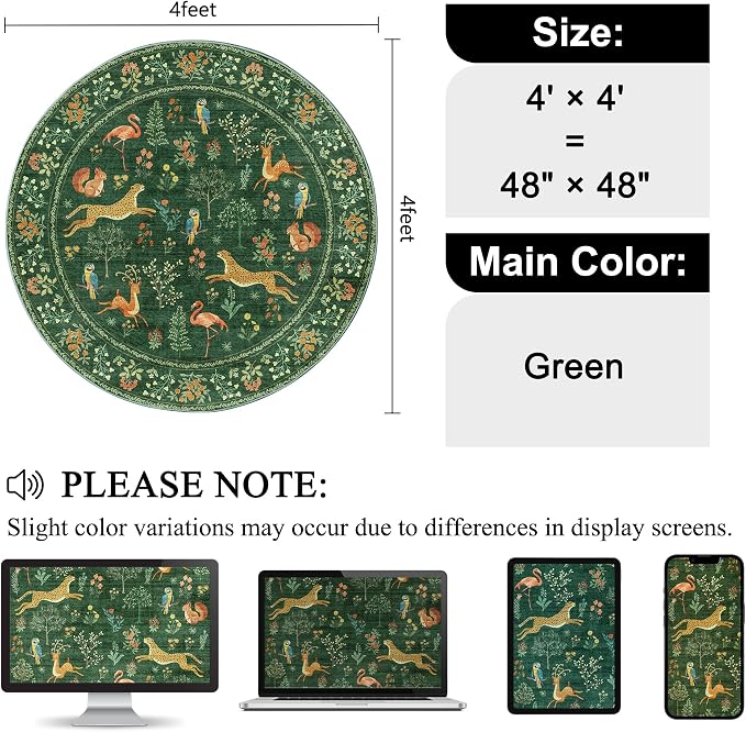 DUKINO 4ft Round Rug, Washable Round Area Rug, Non Slip Indoor Low Pile Animal Design, Soft Small Vintage Circle Carpet for Bedroom, Entryway, Living Room, Dining Room, Green