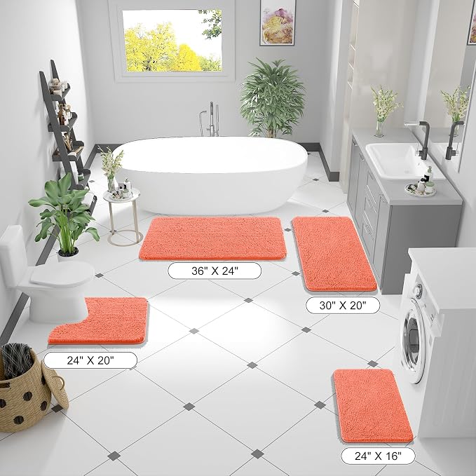 OLANLY Bathroom Runner Rugs 70x24, Extra Soft Absorbent Chenille Bath Rugs, Rubber Backing Quick Dry, Machine Washable Long Bath Mats for Bathroom Floor, Tub and Shower, Home Decor Accessories, Coral