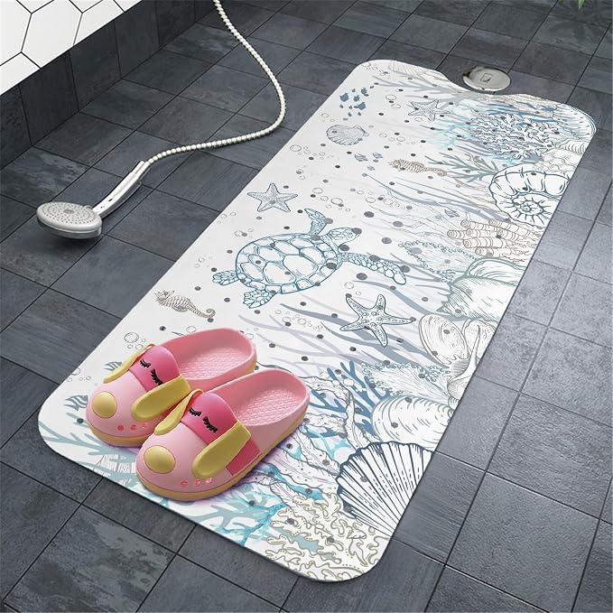 Sea Turtle Bathtub Mat Non Slip, Cute Baby Bath Mat for Tub Rubber Tub Mat, Kids Bath Mats for Bathroom Undersea Anti Slip Shower Mat with Suction and Drain Holes Machine Washable, 40″X16″