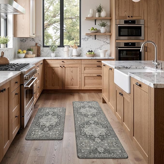 GENIMO Kitchen Mats for Floor 2PCs, Washable Anti Fatigue Mat for Cushioned, 17.3"x59"+17.3"x30", Waterproof Kitchen Rugs, Non Slip Comfort Standing Mat Rug for Home, Sink, Laundry, Dark Gray