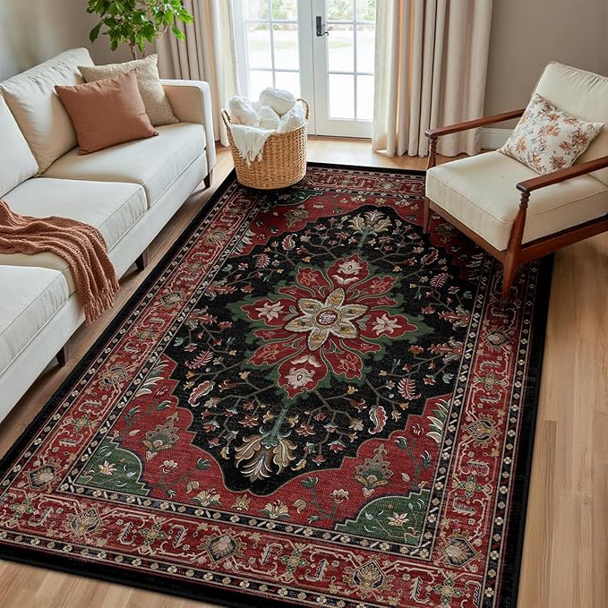 RELEANY Area Rugs 5'x8' Washable Non-Slip, Floral Vintage Distress Medallion Carpet for Living Room Bedroom Dining Room, Red Black