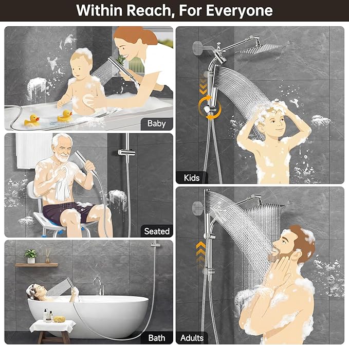 Veken All Metal Shower Head with Handheld, Luxurious Square Spa-like Double Rain Shower Heads,Power Wash Wand,Dual High Pressure Detachable 8" Small Rainfall Showerhead with Spray Combo,Chrome,Sliver