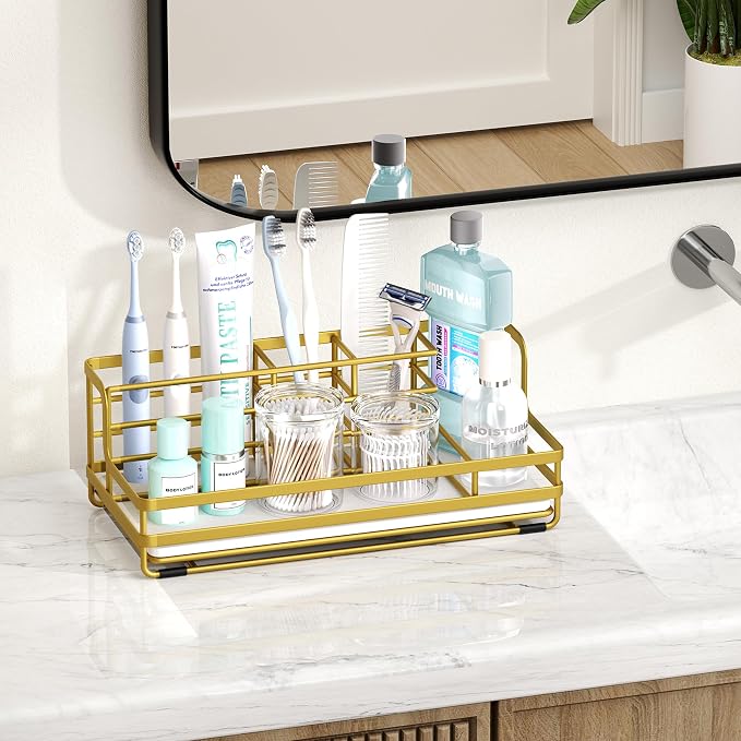 HapiRm Toothbrush Holders for Bathroom - 5 Partitions Bathroom Counter Organizer with Instant Drying Stone, Stainless Steel Countertop Storage Electric Toothbrush Toothpaste Holder - Gold