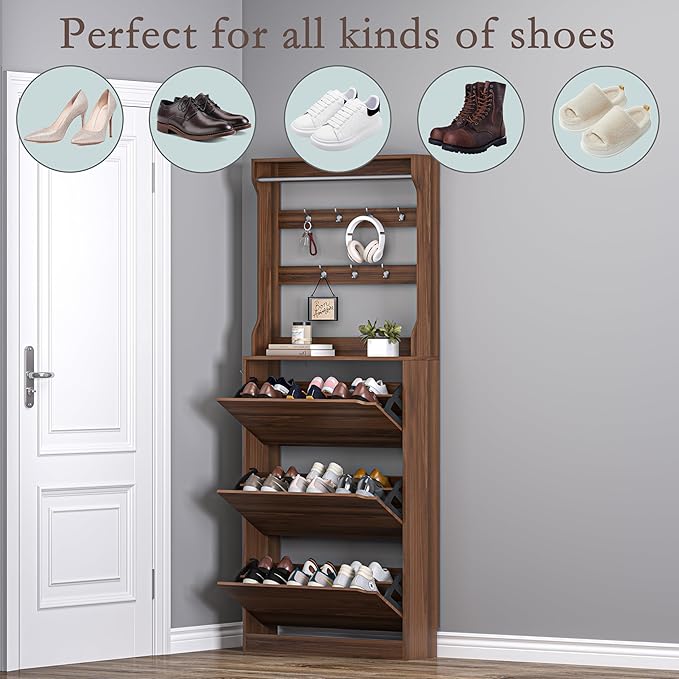 BORNOON Shoe Cabinet with 3 Flip Drawers & Coat Rack, Narrow Hidden Shoe Storage Cabinet, 2-in-1 Hall Tree Slim Freestanding Shoe Rack Organizer for Entryway, Hallway, and Living Room