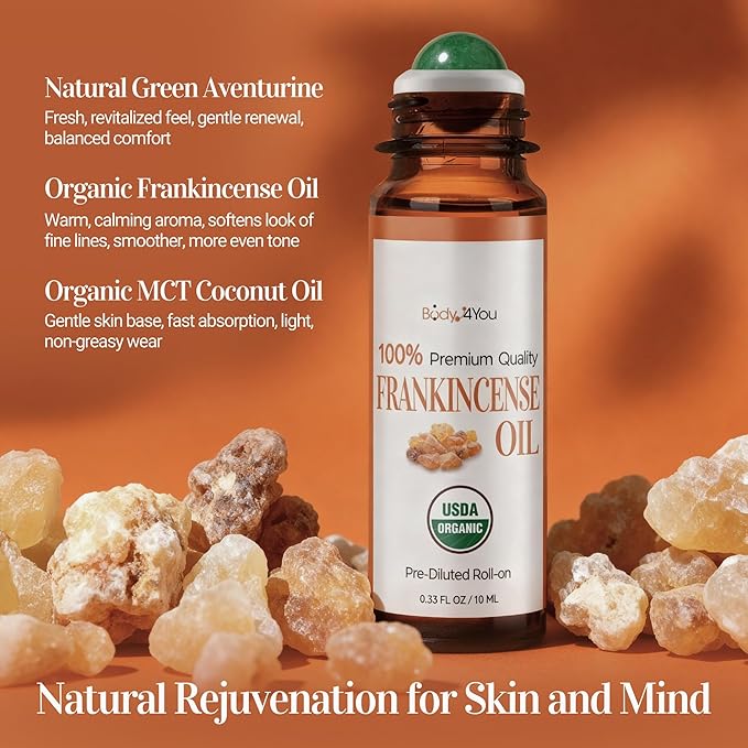 Frankincense Essential Oil Roll On for Calm Anxiety Stress Grounding - 100% Pure USDA Organic MCT Coconut Oil - Soothing Earthy Aroma Anti Aging Skin Care Wellness - Gemstone Roller 10ml Travel Size