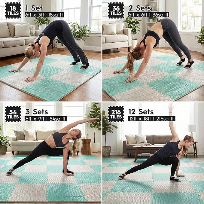 18pcs Puzzle Exercise Mat, 12.6"x12.6"x0.4", 18sqft EVA Interlocking Foam Floor Tiles, Non-Slip, Protective, Water-Resistant Flooring for Home Gym & Workout Equipment