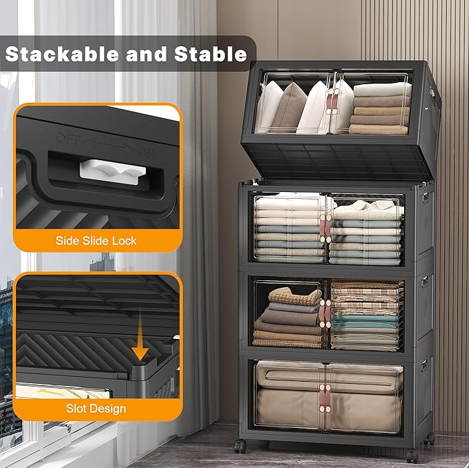 UAMFURI Stackable Storage Bins with Lids & Wheels & Door, Foldable Collapsible Closet Organizers, Extra Large Plastic Storage Drawers for Bedroom Dorm Office Garage (Dark-120qt, 4Pack with 1 top lid)