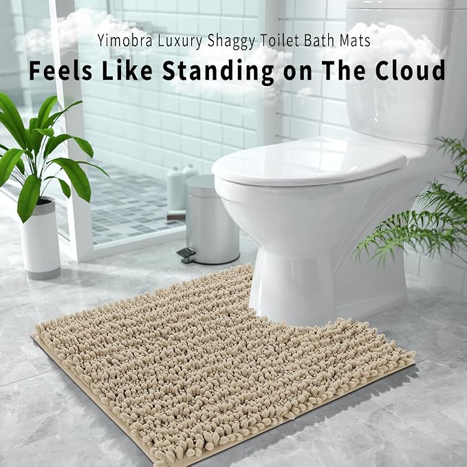 Yimobra Toilet Rug U Shaped Washable 24x24 Inch - Ultra Soft Absorbent Bath Rugs for Toilet, Quick Dry & Machine Washable, Non Slip Contour Bathroom Mat, Pale Khaki
