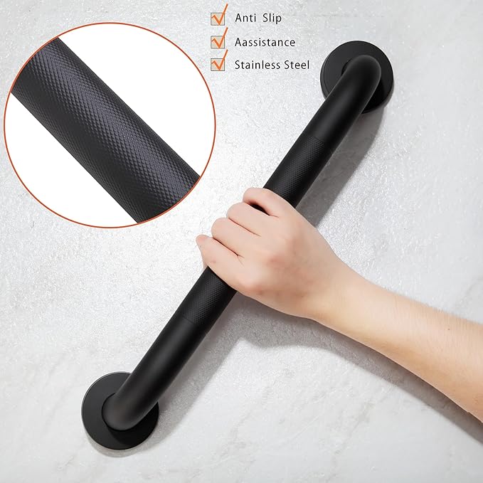 Shower Grab Bar, 2 Pack 12 Inch Black Bathroom Grab Bar, 1.25" Diameter 304 Stainless Steel Anti-Slip Grab Bars for Bathtubs and Showers, Handicap Shower Grab Bar for Seniors Elderly