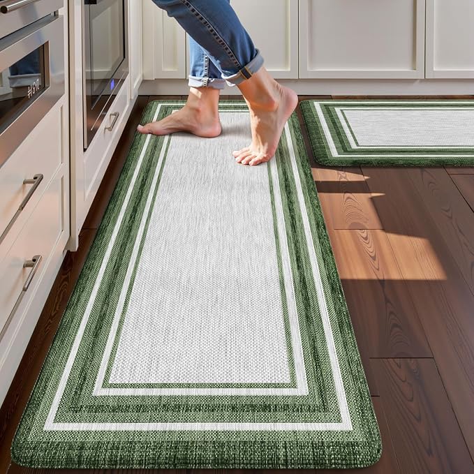 KIMODE Kitchen Mats Cushioned Anti Fatigue, Farmhouse Kitchen Rugs Sets of 2, Non Slip Kitchen Mats for Floor, Comfort Dark Green Kitchen Floor Mats for Home Decor Sink Laundry Desk 17"x47"+17"x29"