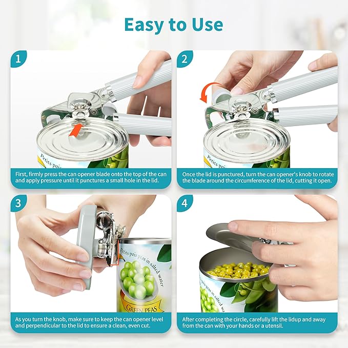 Ultrean Manual Can Opener Bottle Opener, Heavy Duty Stainless Steel Smooth Edge Manual Hand Held Can Opener With Soft Touch Handle, Rust Proof Oversized Handheld Easy Turn Knob (Mint Green)