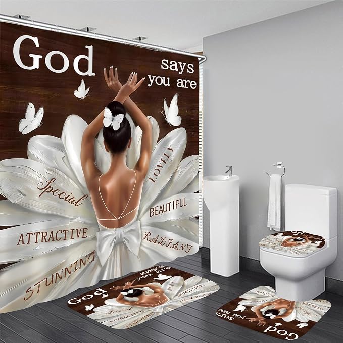 LQCOOL 4Pcs Black Girl Shower Curtain Set, Ballet Girl Bathroom Sets, Waterproof Bathroom Sets with Shower Curtain and Rugs, Shower Curtain with 12 Hooks