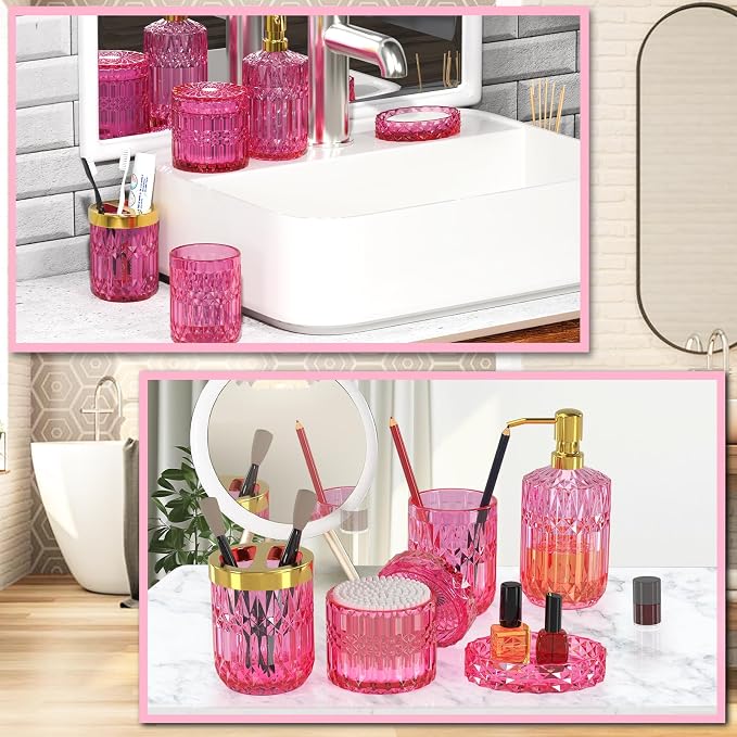 Hot-Pink Glass Bathroom Accessories Set 5 Pcs, Hot-Pink Bathroom Set, Soap Dispenser and Toothbrush Holder Set, Qtip Holder Set, Vintage Bathroom Sink Set, Cute Bathroom Decor