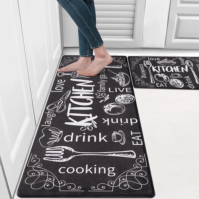 HEBE Kitchen Rugs Set of 2, Cushioned Anti Fatigue Kitchen Mats for Floor, Non Slip Waterproof Comfort Standing Desk Mat Carpet for Sink, Stove, Laundry Room, Black