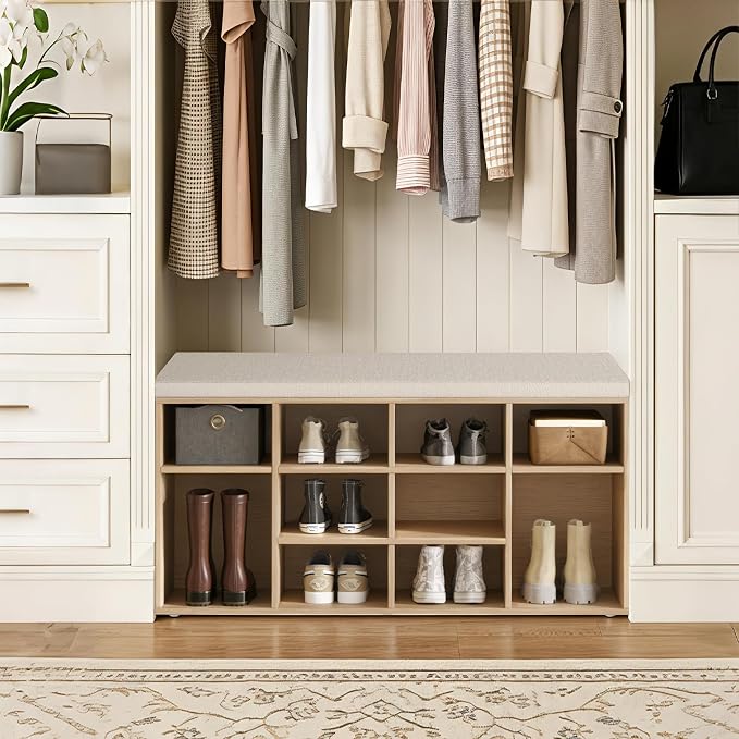 DINZI LVJ Shoe Storage Bench with Cushion, 12-Cubby Shoe Rack, Adjustable Shelves, 40.9" Long Shoe Organizer Bench for Entryway, Mudroom, Hallway, Garage, Natural and Cappuccino Beige