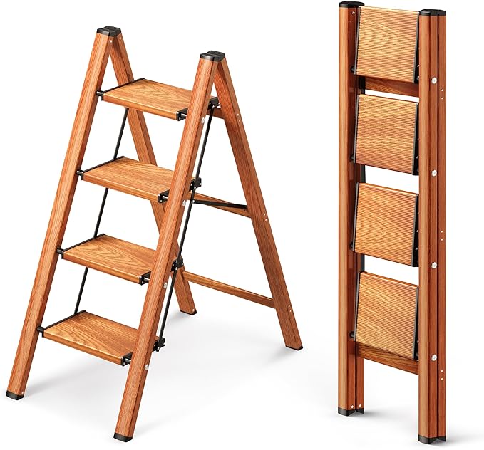 4 Step Ladder, Folding Step Stool with Anti-Slip Wide Pedal, Aluminum Material Lightweight Yet Sturdy, 300 Lbs Load, Cute Modern Apperance for Indoor Household Spaces