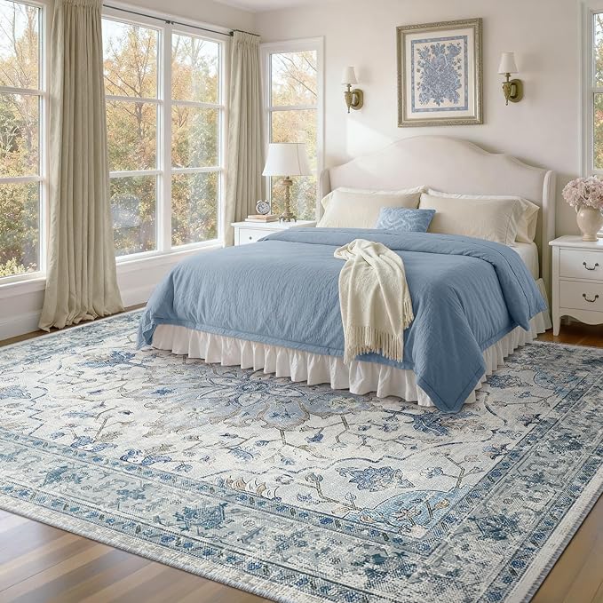 RELEANY Area Rugs 8'x10' Washable Non-Slip, Floral Vintage Distress Medallion Carpet for Living Room Bedroom Dining Room, Light Blue Navy Gray White